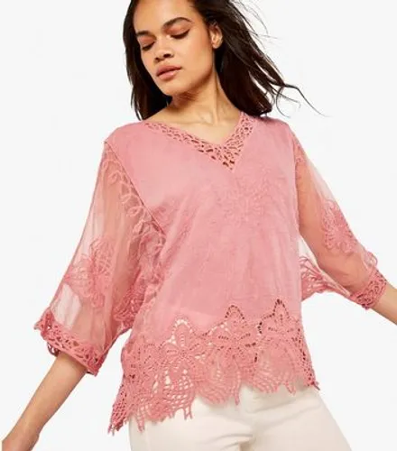 Apricot Pink Crochet Embroidered V Neck Top New Look