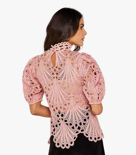 Apricot Pink Lace Scallop Edge High Neck Top New Look