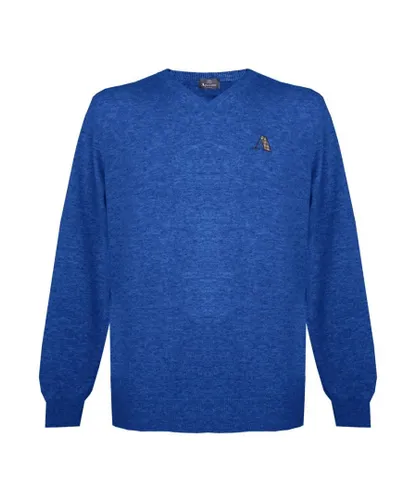 Aquascutum Mens Long Sleeved/V-Neck Knitwear Jumper with Logo in Blue Wool