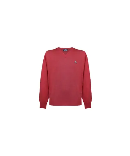 Aquascutum Mens Long Sleeved/V-Neck Knitwear Jumper with Logo in Red Nylon