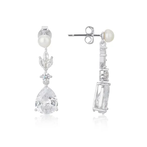 Argento Silver Crystal Bridal Pearl Drop Earrings - Silver