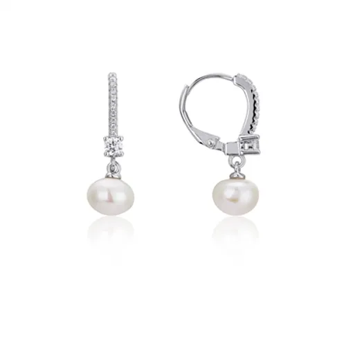 Argento Silver Crystal Huggie Hoop Pearl Earrings - Silver
