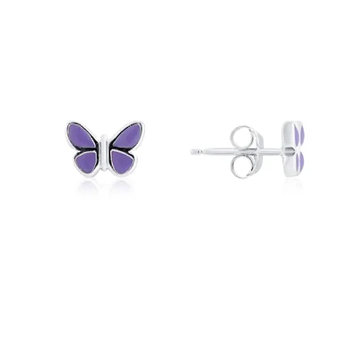 Argento Silver Kids Purple Butterfly Stud Earriings - 925 Silver