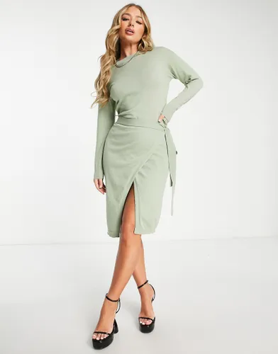 Aria Cove knitted high neck cross front midi dress in sage-Green
