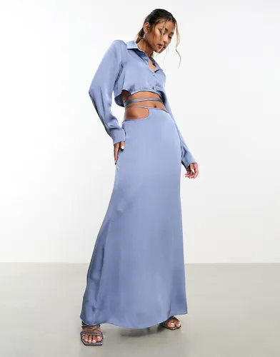 Aria Cove satin open tie side maxi skirt co-ord in blue