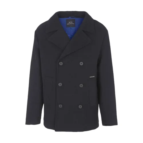 Armani Exchange , Blue Wool Blend Double-Breasted Coat ,Blue male, Sizes: