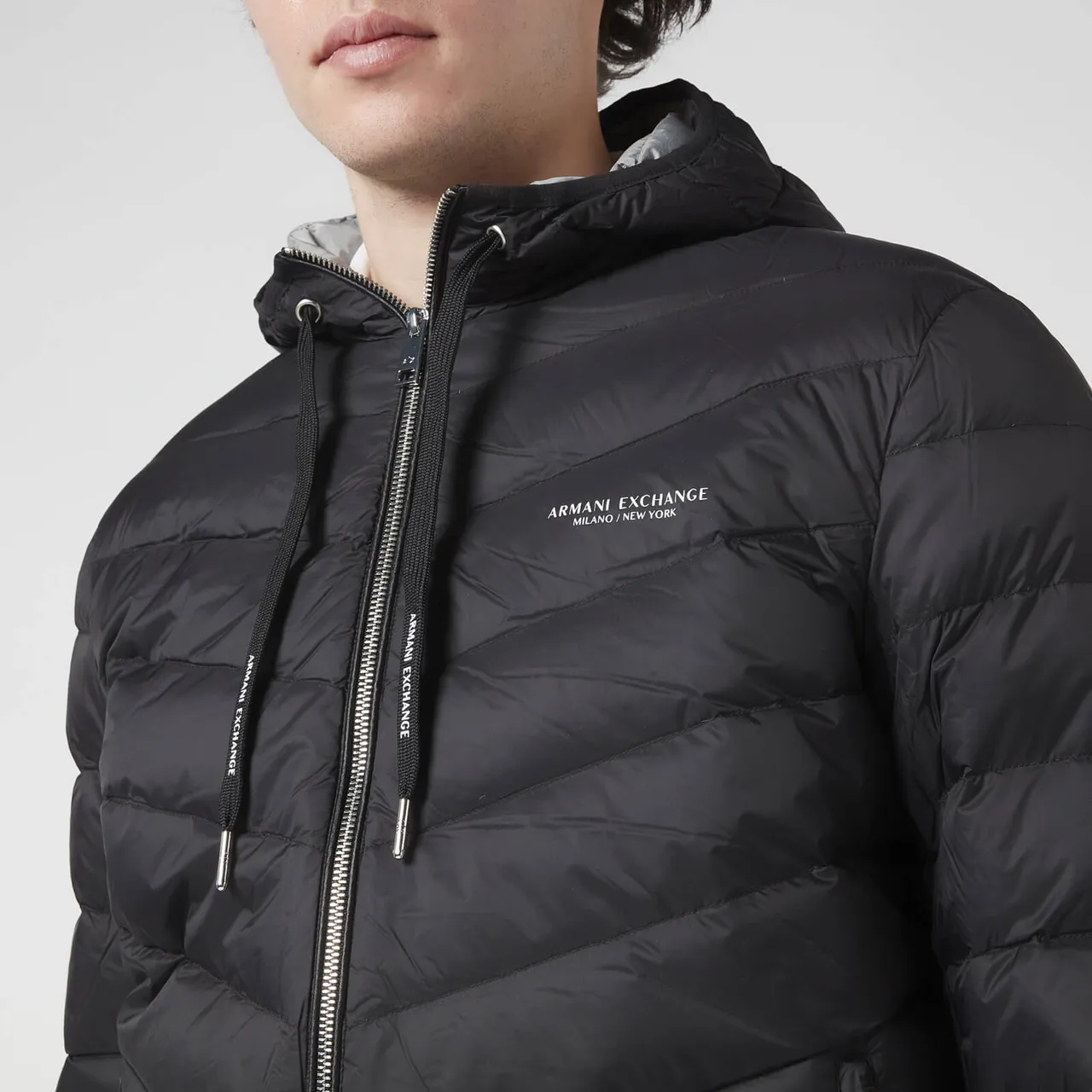 Armani Exchange Men's Nylon Down Hooded Padded Jacket - Black/Melange Grey