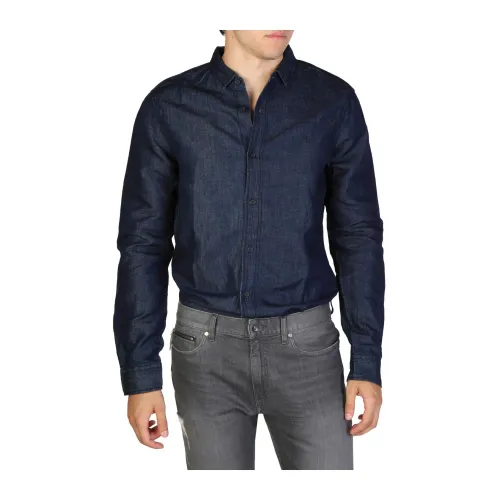 Armani Exchange , Mens Regular Fit Cotton Linen Shirt ,Blue male, Sizes: