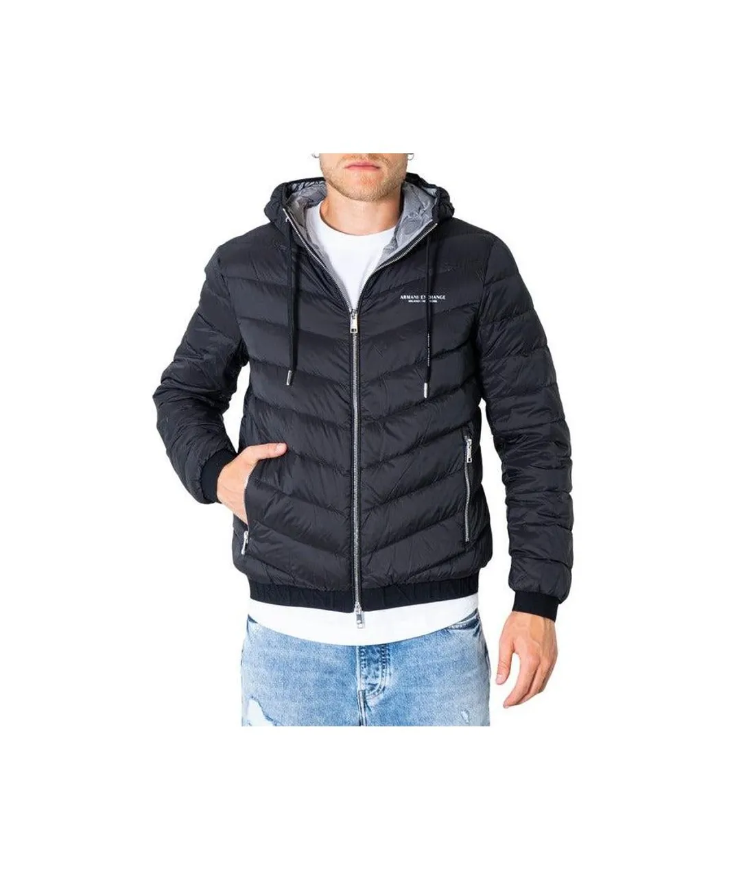Armani Exchange Milano/New York Logo Mens Hooded Down Jacket - Black Polyamide