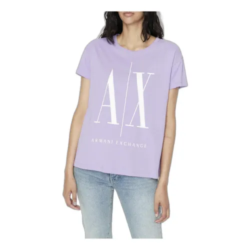 Armani Exchange , Printed Cotton T-shirt with Round Neckline ,Purple female, Sizes: