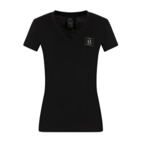 Armani Exchange , V-neck Cotton T-shirt ,Black female, Sizes: