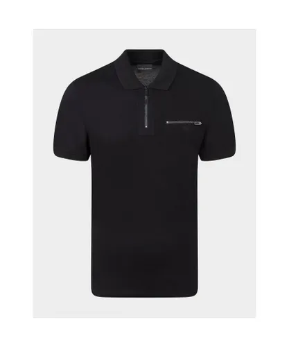 Armani Mens Double Zip Short Sleeve Polo Shirt in Black Cotton