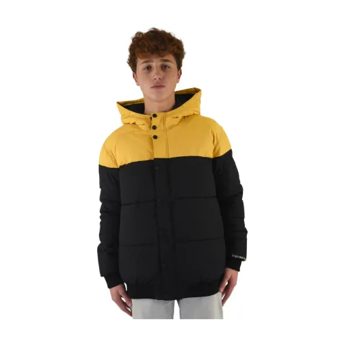 Armani , Two-tone down jacket with hood, double zip closure and buttons ,Yellow male, Sizes: