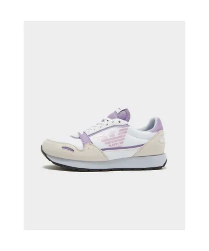 Armani Womenss Pannelled Logo Print Running Trainers in White Suede