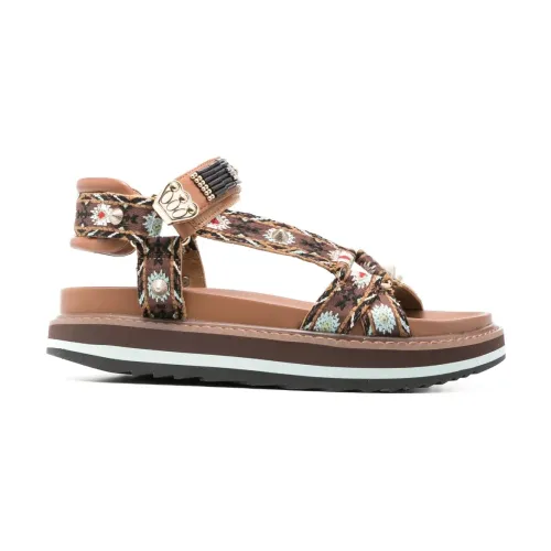 ASH , Brown Leather Flat Sandals with Ikat Pattern ,Brown female, Sizes: