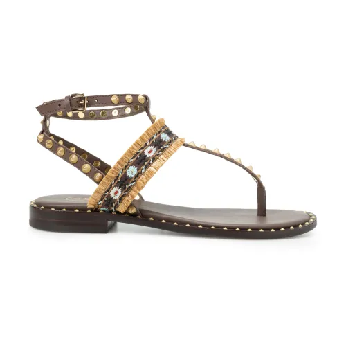ASH , Dark Brown Flat Sandals with Pinaforemetal Design ,Brown female, Sizes: