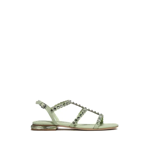 ASH , Green Leather Saphir Sandal with Strass Gems ,Green female, Sizes: