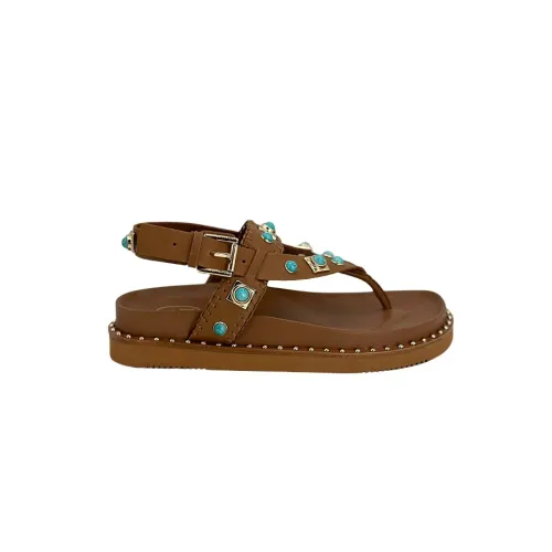 ASH , Marron Leather Sandals with Turquoise and Gold Accents ,Brown female, Sizes: