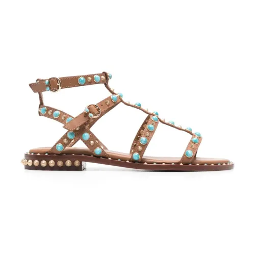 ASH , Stud Embellished Leather Sandals ,Brown female, Sizes: