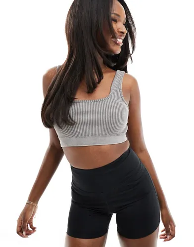 ASOS 4505 Icon mid impact seamless rib sports bra with square neck and removeable padding in washed grey