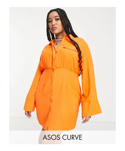 ASOS CURVE Womens DESIGN button through waisted mini shirt dress in orange