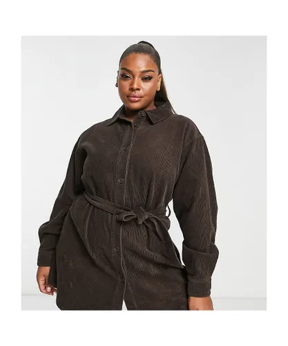 ASOS CURVE Womens DESIGN cord belted shirt dress in chocolate-Brown Corduroy