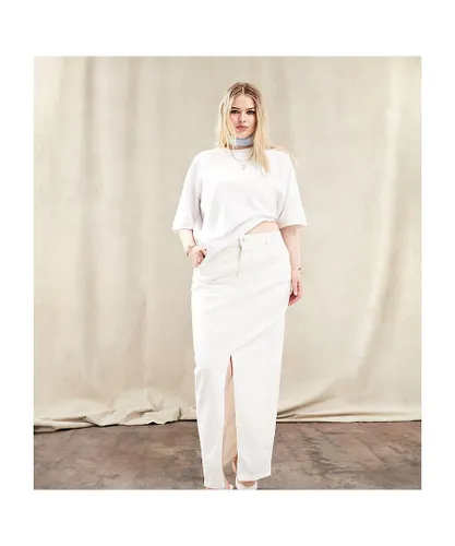 ASOS CURVE Womens DESIGN denim midi skirt with split hem in ecru-Neutral - White