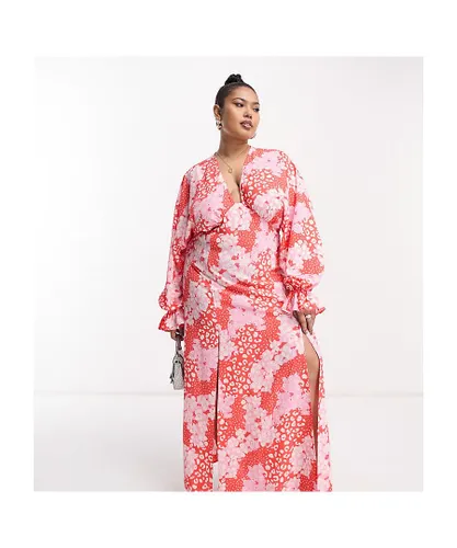 ASOS CURVE Womens DESIGN plunge batwing maxi dress in pink splice print-Multi