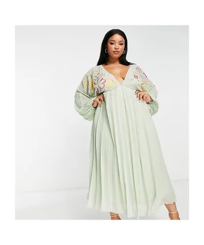 ASOS CURVE Womens DESIGN v front baby doll pleated embroidered midi dress in pastel green