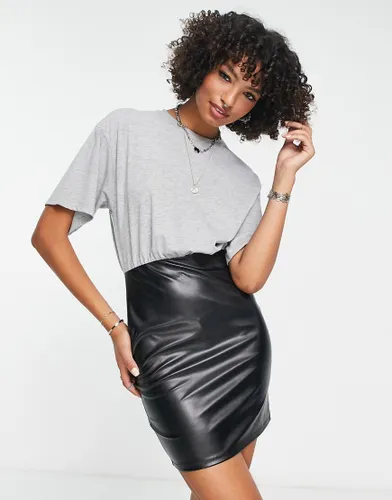 ASOS DESIGN 2 in 1 t-shirt mini dress with pu skirt in black and grey