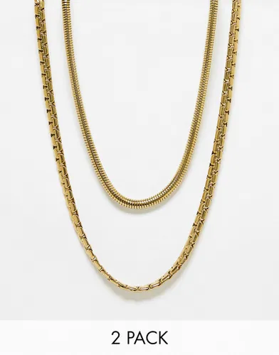 ASOS DESIGN 2 pack waterproof stainless steel mixed neck chain set in gold tone