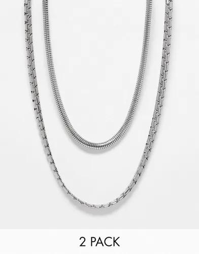 ASOS DESIGN 2 pack waterproof stainless steel mixed neck chain set in silver tone