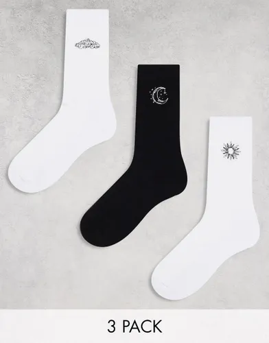 ASOS DESIGN 3 pack socks with celestial embroidery in white-Multi