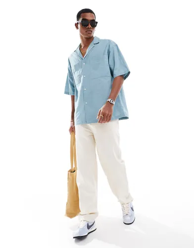ASOS DESIGN 90s oversized linen blend shirt with deep revere collar in teal blue