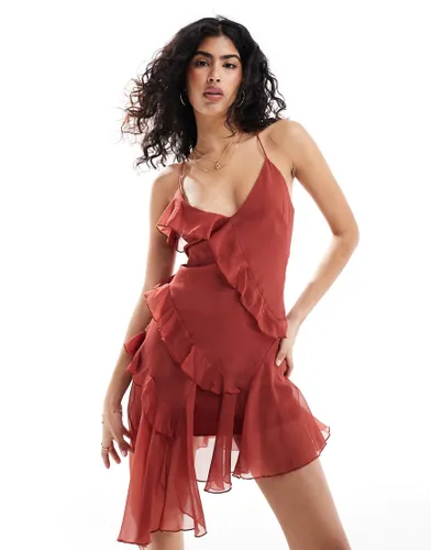 ASOS DESIGN asymmetric ruffle cami mini dress in red