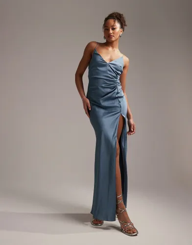 ASOS DESIGN Bridesmaid satin cami maxi dress with drape detail in dusky blue