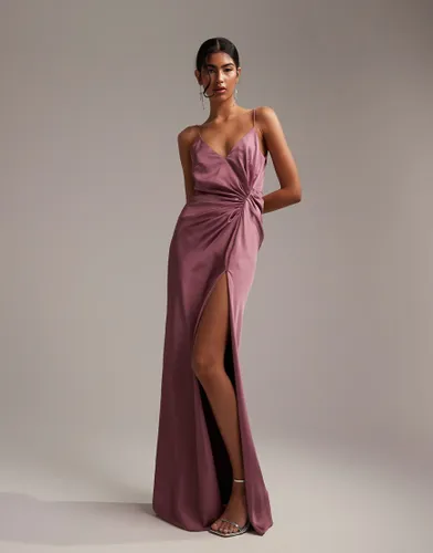 ASOS DESIGN Bridesmaid satin cami maxi dress with drape detail in orchid-Purple