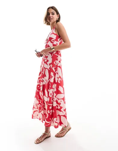 ASOS DESIGN button down linen midi dress with full skirt abstract print-Multi