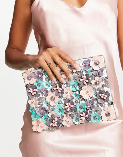 ASOS DESIGN clutch bag with 3D flowers in pink-Green