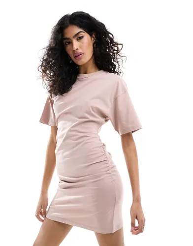 ASOS DESIGN crew neck mini t-shirt dress with ruched sides in taupe-Neutral