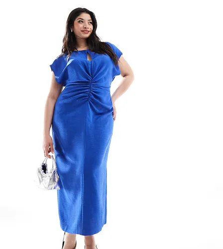 ASOS DESIGN Curve cap sleeve keyhole ruched front midi dress in royal blue