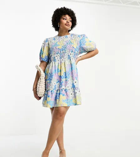 ASOS DESIGN Curve cotton shirred mini smock dress with puff sleeve in floral print-Multi