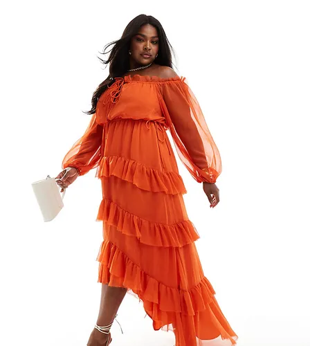 ASOS DESIGN Curve exclusive bardot maxi dress with high low hem in orange