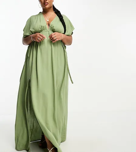 ASOS DESIGN Curve flutter sleeve maxi beach dress with tie detail in khaki-Green