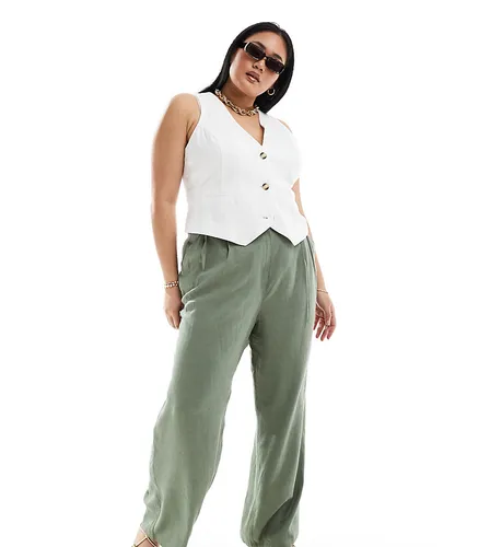 ASOS DESIGN Curve high waist seam detail trousers with linen in khaki-Green