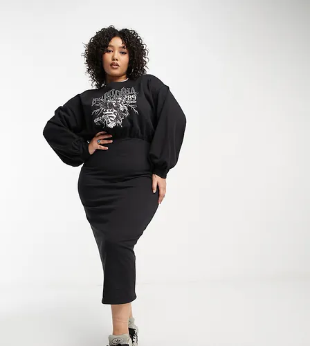 ASOS DESIGN Curve midi sweat dress with bodycon skirt and graphic detail in black