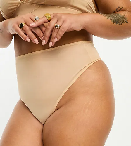 ASOS DESIGN Curve Mila mesh smoothing high-waist thong in beige-Neutral