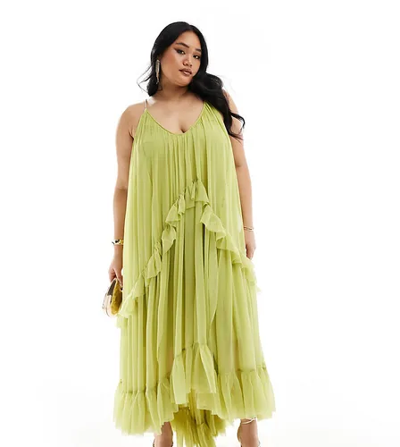 ASOS DESIGN Curve scoop neck trapeze maxi dress with frill in olive green