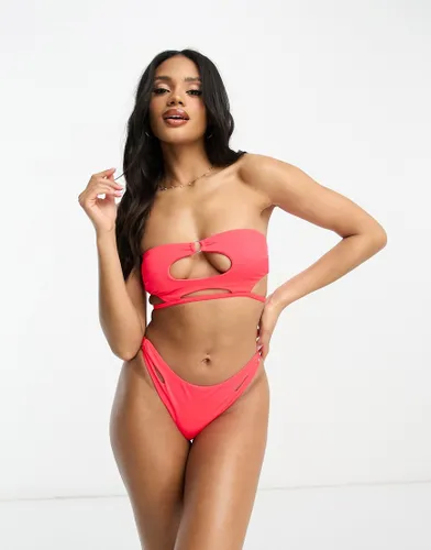 ASOS DESIGN cut out underboob bandeau bikini top with ring detail in neon red