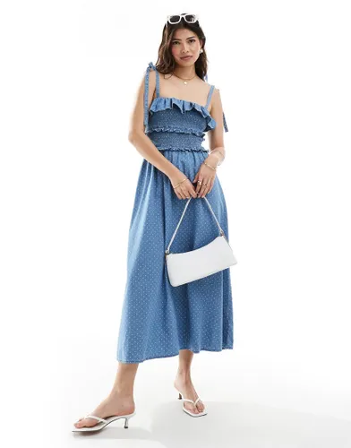 ASOS DESIGN denim maxi dress with frill detail in polka dot print-Blue
